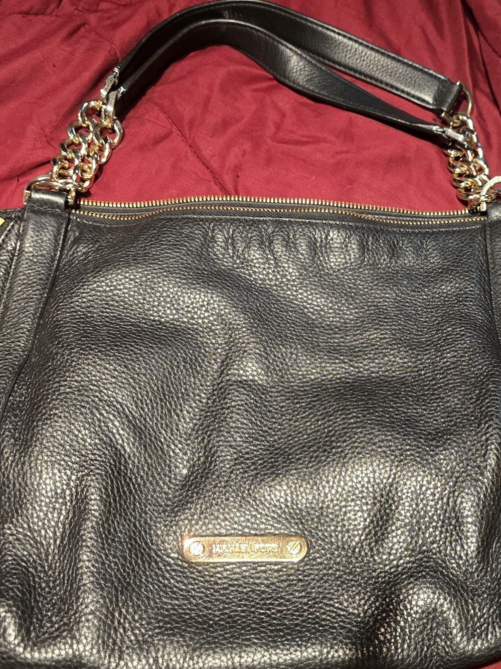 Michael Kors Black Pebbled Leather Shoulder Bag with Gold Chain Detail